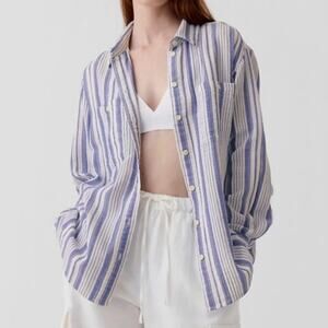 GAP WOMENS CRINKLE GAUZE BIG SHIRT BUTTON DOWN BLUE WHITE STRIPE LARGE
